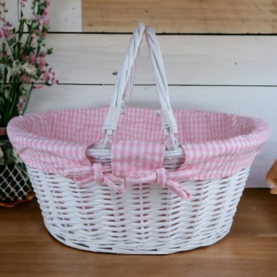 White Wicker Shopping Basket with Folding Handles and Pink Gingham Lining- 41cm